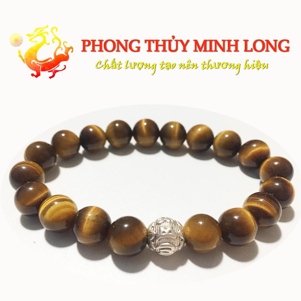 Vòng tay đá mắt hổ Vàng Nâu 5A mix 1 hạt kim tiền Bạc hợp mệnh Kim và Thổ