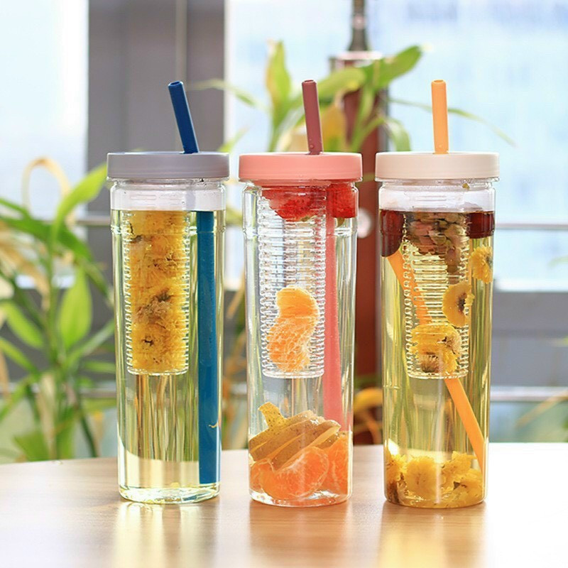 Bình Nước Detox Trong Suốt Có Ngăn Lọc Trà, Trái Cây Dung Tích 700ml Kèm Ống Hút Tiện Dụng
