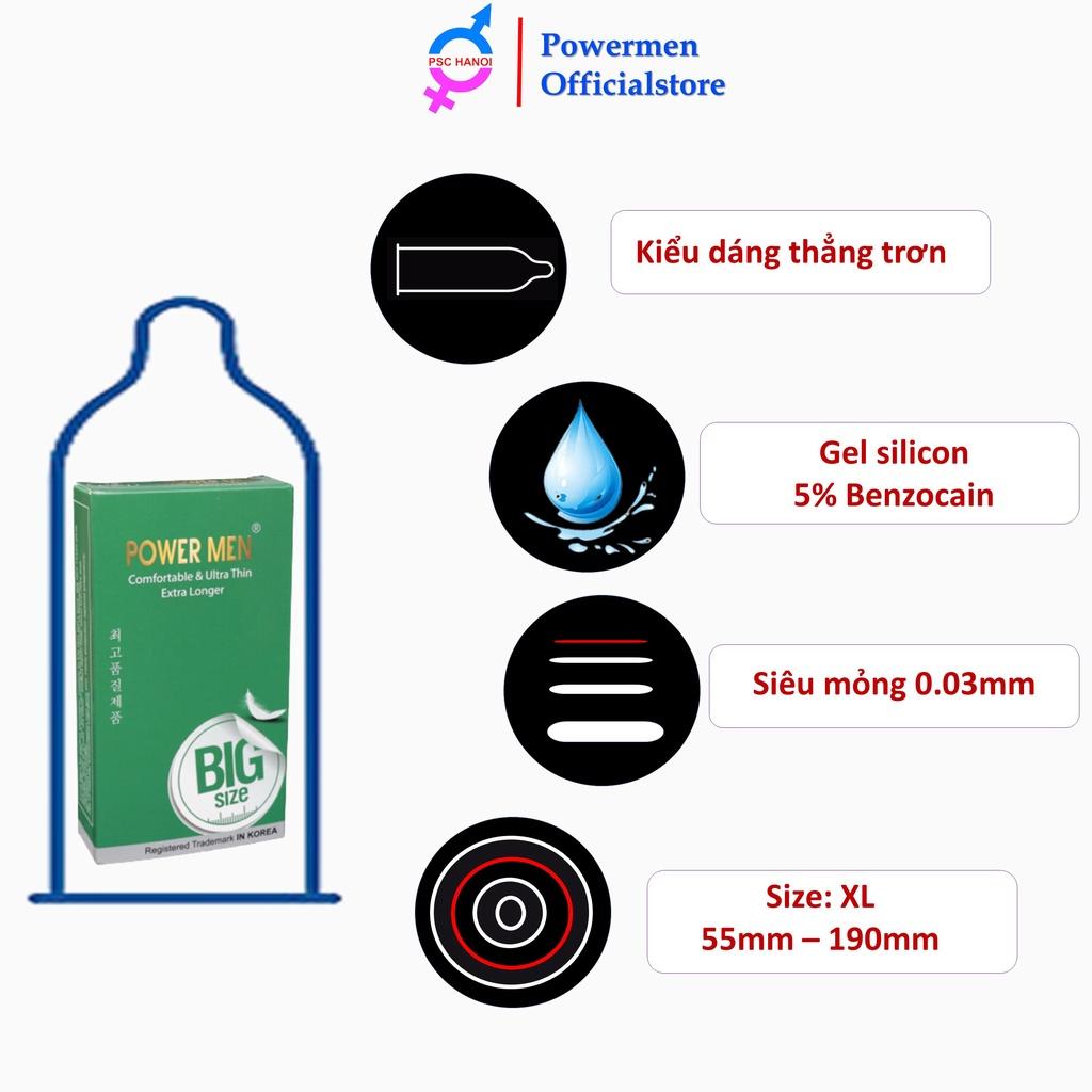 Bao cao su Powermen Comfortable Ultrathin longer siêu mỏng trơn size lớn 55mm chứa 5% benzocain kéo dài thời gian hộp 12 BCS