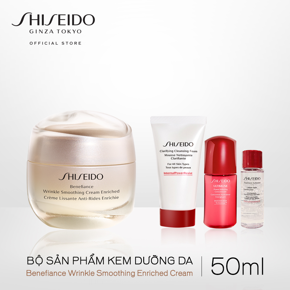 Bộ sản phẩm Kem dưỡng da chống lão hóa giàu ẩm Shiseido Benefiance Wrinkle Smoothing Cream Enriched 50ml