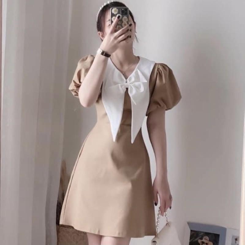 Đầm nude tay bồng cổ nơ trắng đi tiệc đám cưới, đi chơi, du lịch TKN
