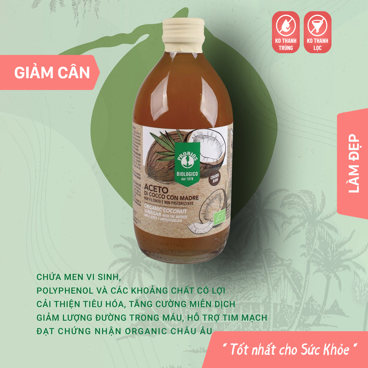 Giấm Dừa Hữu Cơ Có Giấm Cái 500ml ProBios Organic Coconut Vinegar With The Mother