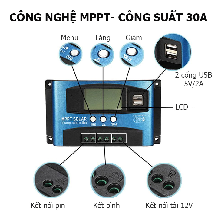 Bộ điều khiển sạc pin năng lượng mặt trời công nghệ MPPT hiệu suất sạc cao 12V/24V công suất 30A