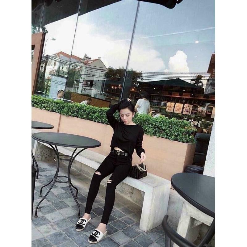 Quần Jeans Nữ Rách Gối Màu Đen