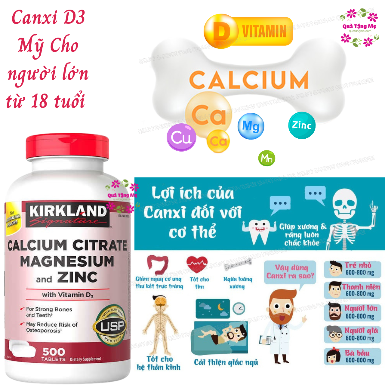 Canxi Mỹ Kirkland Signature Calcium Citrate Magnesium And Zinc with Vitamin D3 phát triển hệ thống xương, phòng loãng xương - QuaTangMe Extaste