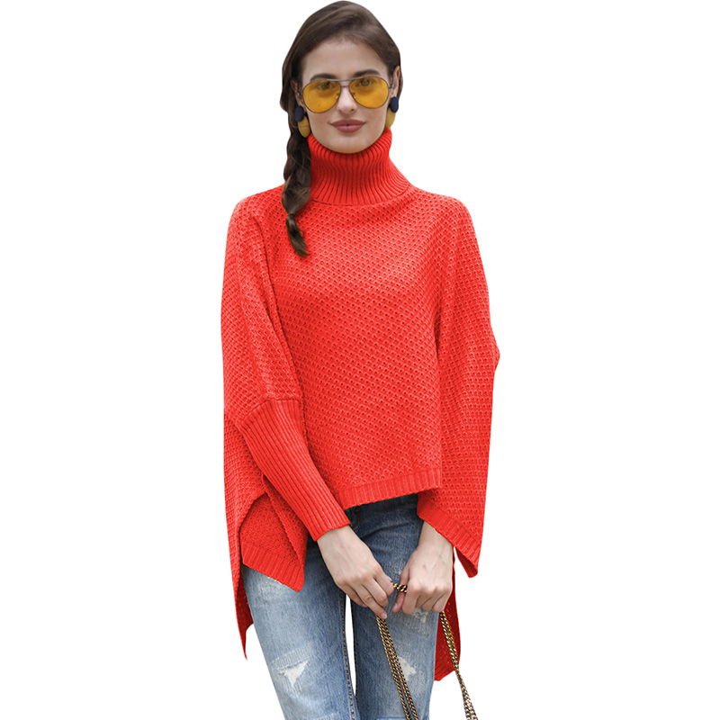 Fashion Women Knitted Sweater Turtleneck Long Sleeve Split Irregular Solid Loose Jumper Pullover Knitwear