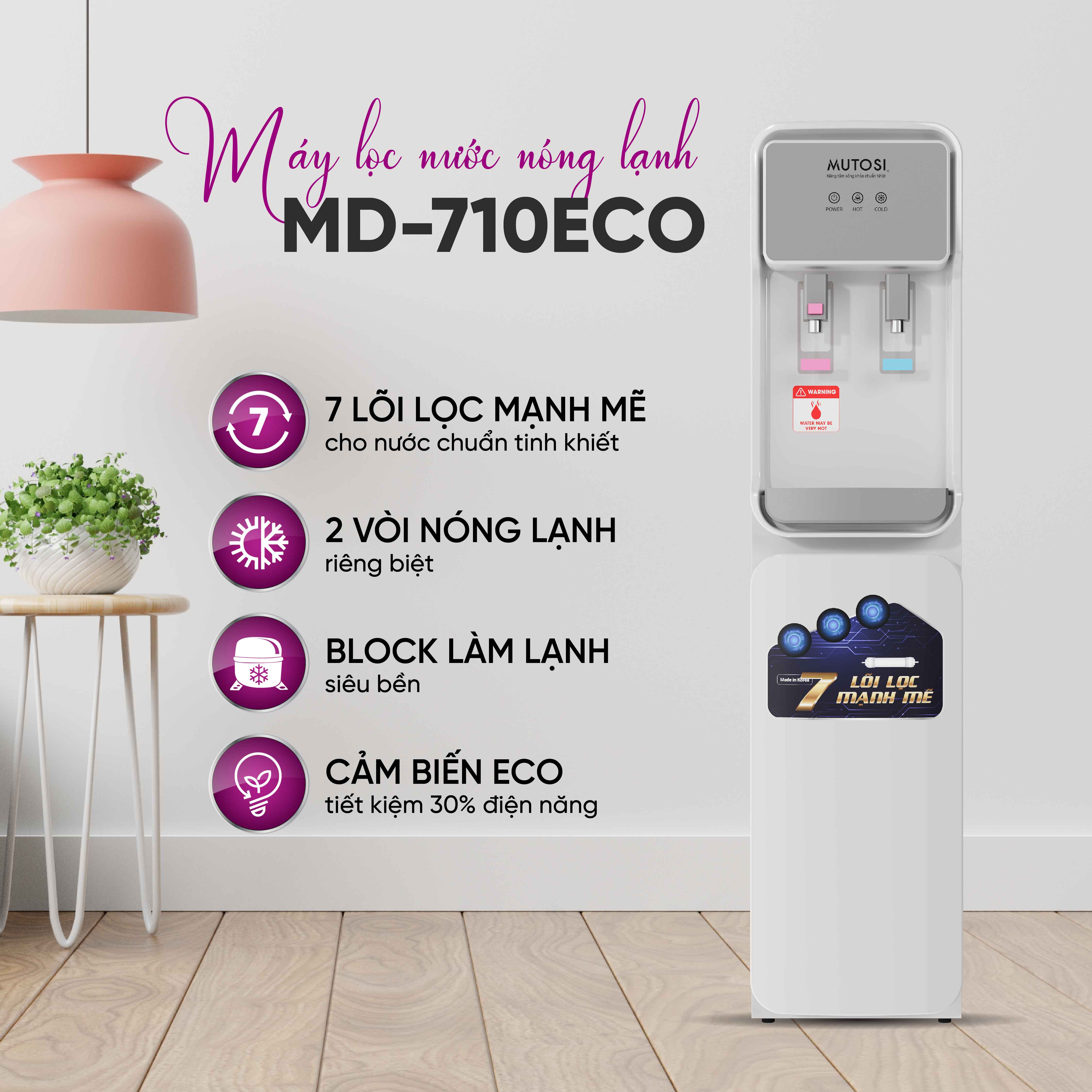 Máy lọc nước Nóng Lạnh 7 lõi - Hàng chính hãng Mutosi MD-710ECO Công nghệ cảm biến Eco thông minh tiết kiệm điện năng