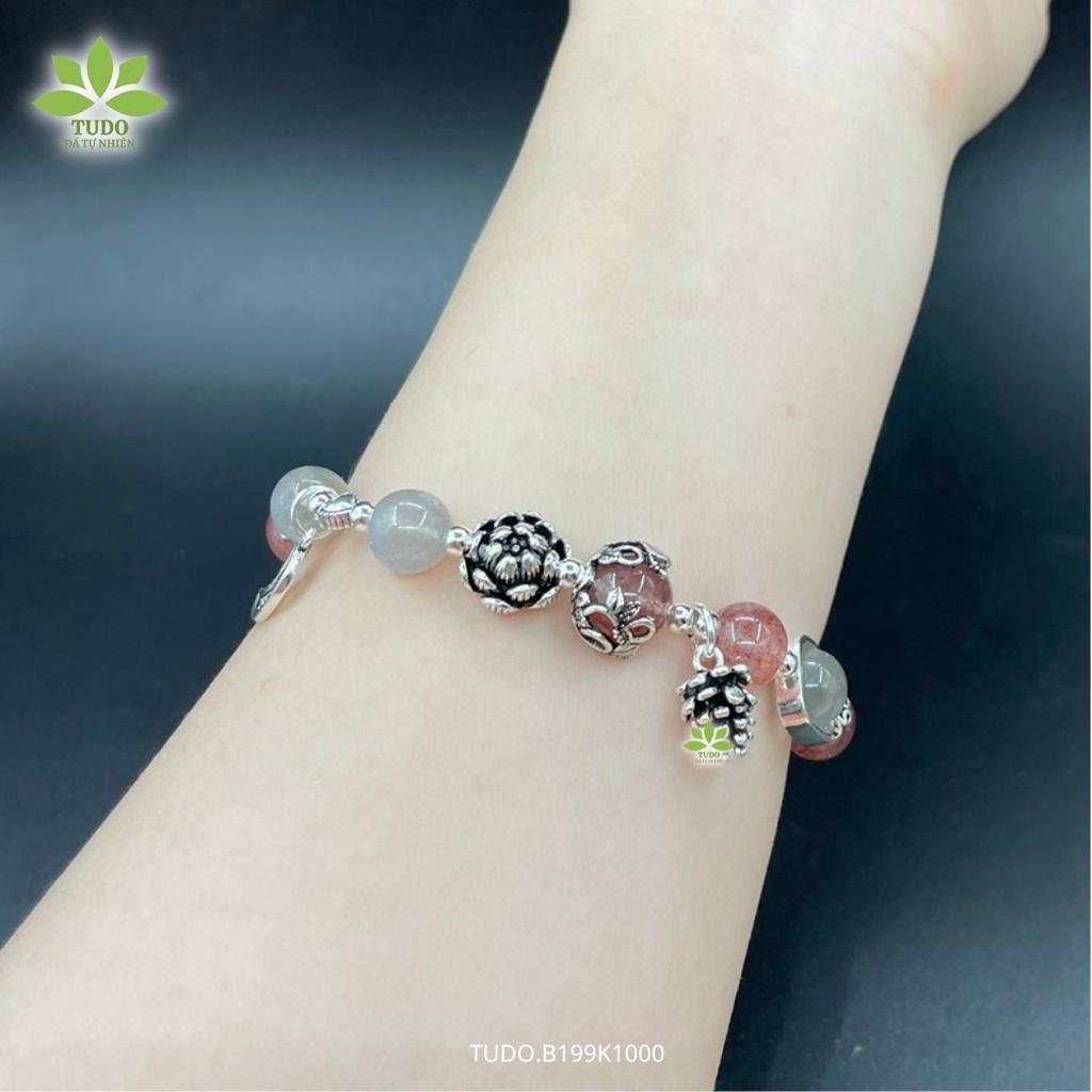 Vòng Tay Nữ Đẹp - Vòng Phong Thủy Đa Mệnh TUDO B199K1000 VCBTADH VCBMOON hồng trắng, Charm bạc Dreamcatcher, Sen, Trăng