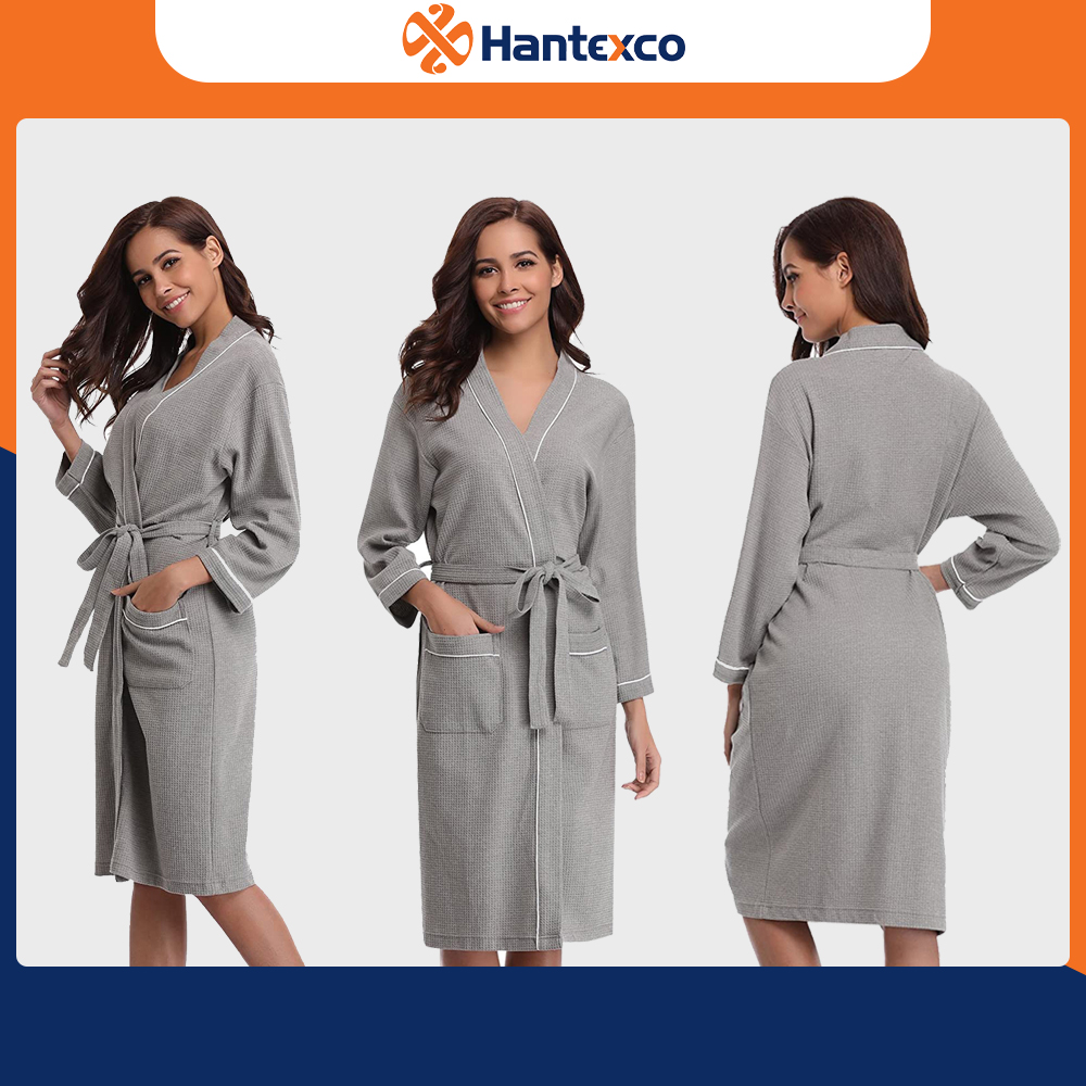 Áo Choàng Tắm Tổ Ong Màu Ghi Hantexco (100% cotton, mền mịn, thấm hút tốt)