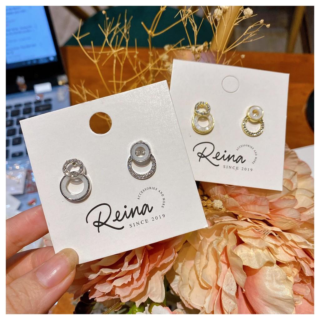 Khuyên tai nữ phong cách hàn quốc Zircon hình tròn bất đối xứng vàng ánh bạc Reina đính hạt cao cấp