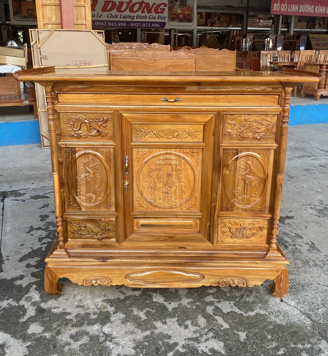 Tủ thờ gia tiên gỗ tràm bông vàng ngang nhiều kích thước