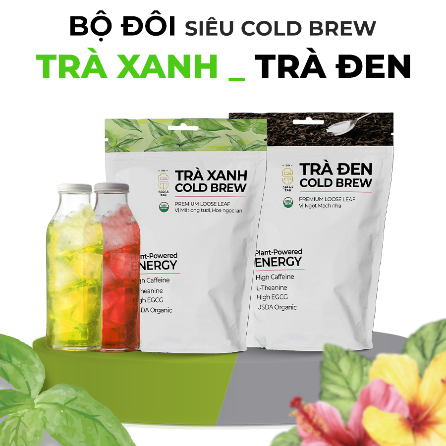 Combo Trà Cold Brew Trà Xanh &amp; Trà Đen Hữu Cơ - Chứng Nhận USA Organic, Nguyên Lá, Túi Zip 100g