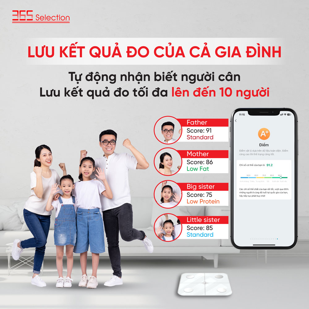 Cân điện tử thông minh 365 Selection WS1 / WS2 - Đo 18 chỉ số cơ thể, Màn hình led hiển thị - HÀNG CHÍNH HÃNG