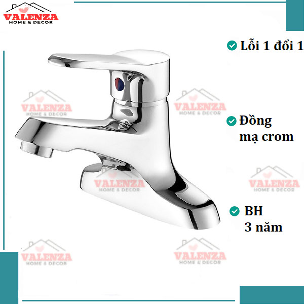 Vòi chậu lavabo nóng lạnh 2 chân Valenza 1402 chất liệu đồng thau mạ crome cho chậu rửa mặt 3 lỗ, chân ốc đồng kèm dây cấp nước inox-Nước chảy mạnh