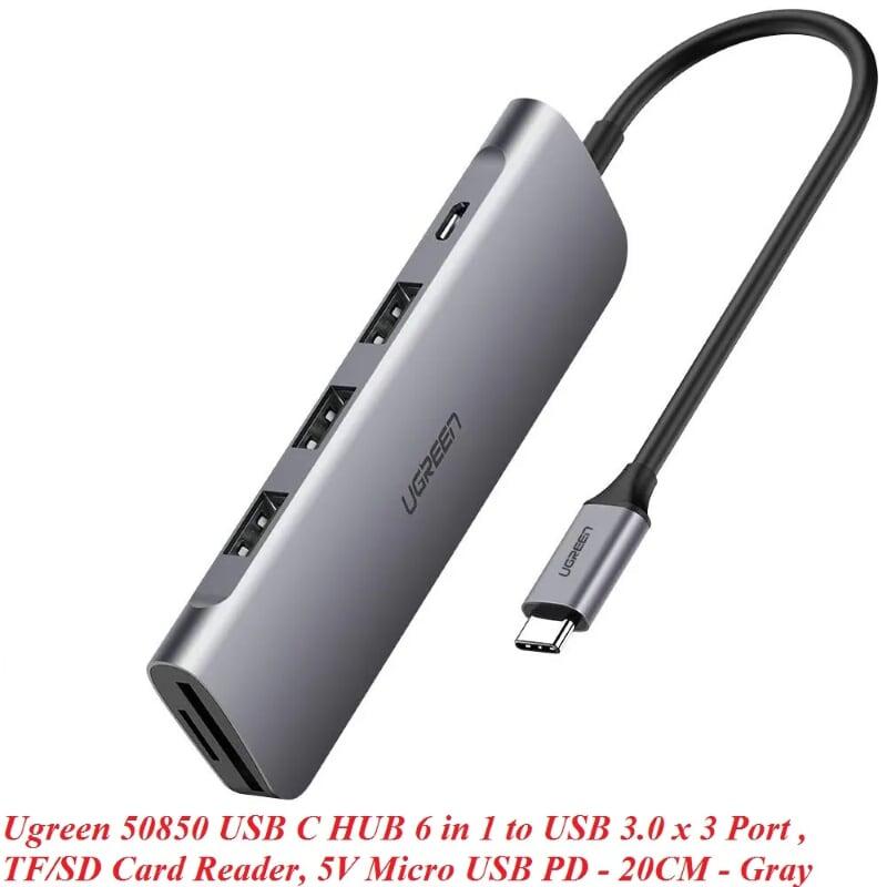 Ugreen UG50850CM195TK 20CM màu xám USB type C HUB 6 trong 1 ra USB 3.0 x 3 + Đọc thẻ TF/SD + nguồn 5V Micro USB - HÀNG CHÍNH HÃNG