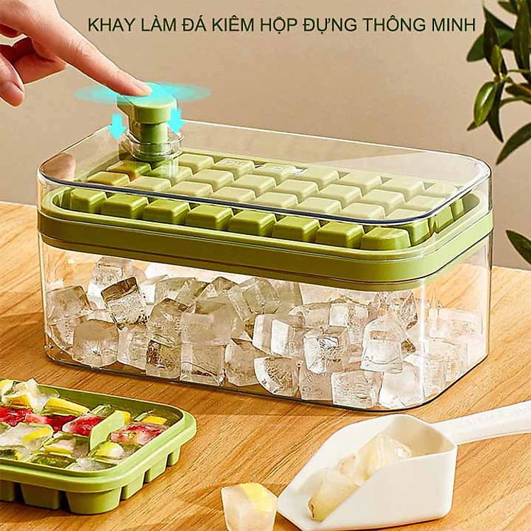 Khay làm đá viên thông minh ấn tự động nhả đá kèm hộp đựng trong suốt