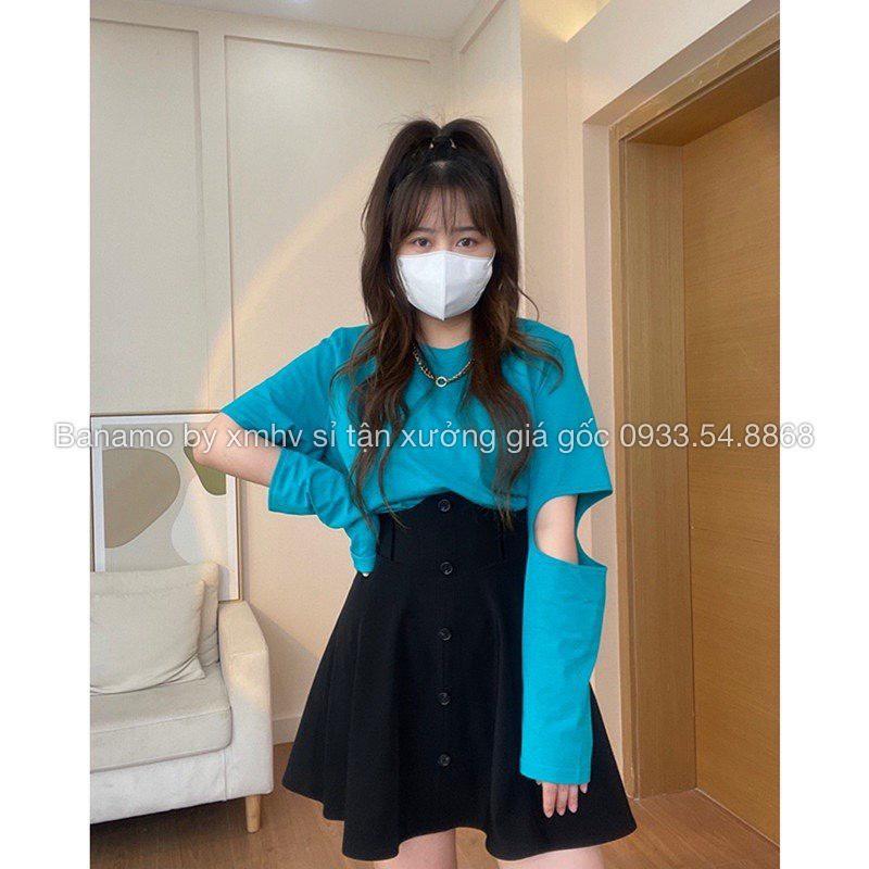 Chân váy xòe cạp cao phối nhung cúc dọc có BIGSIZE thời trang Banamo Fashion 5323