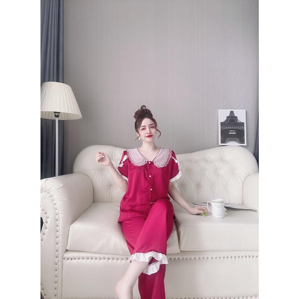 Đồ bộ lụa satin cai cấp cổ 3 lá phối ren tay ngắn quần dài dễ thương đồ ngủ lụa satin có tay freesize