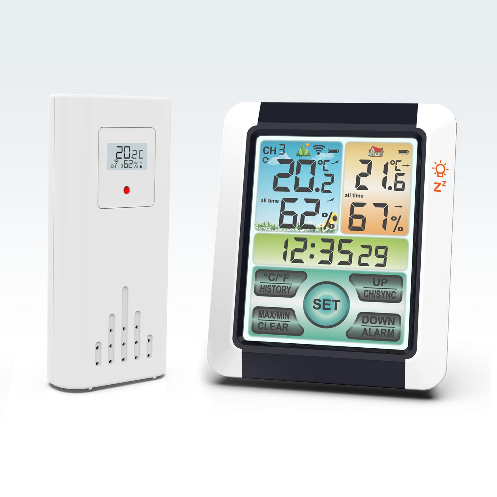 Indoor Outdoor Temperature Humidity Meter Color Touchable Screen with Backlight Time Alarm Snooze Function Household Desktop Multifunction Temperature Humidity Meter ℃ ℉ Switch History Data Viewing