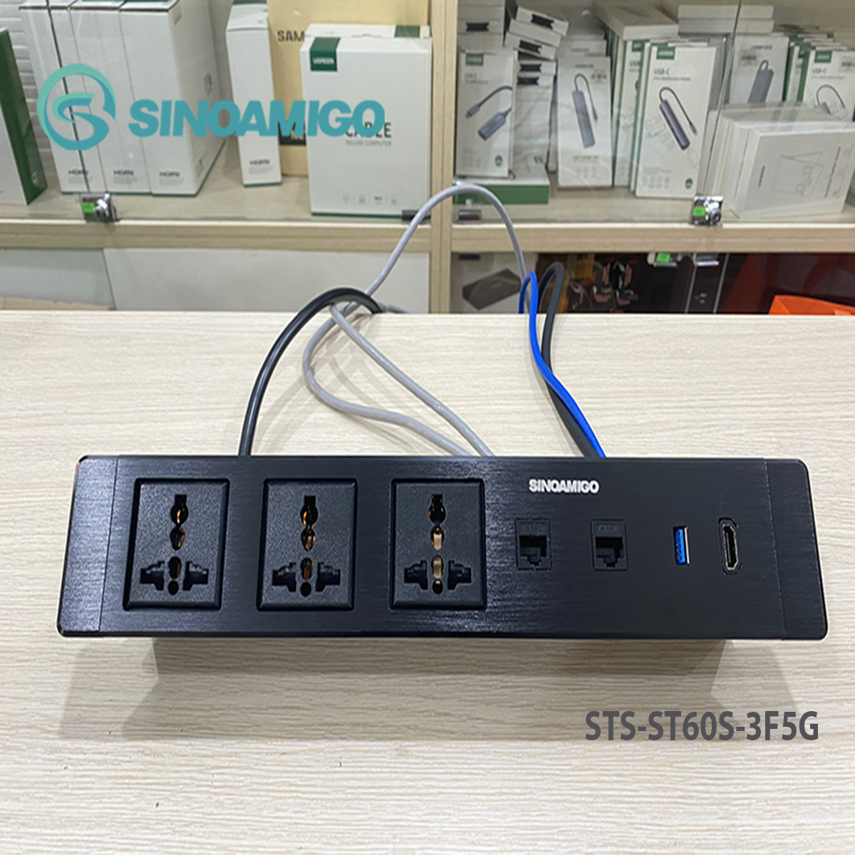 Hộp ổ cắm âm bàn Sinoamgo STS-ST60S-2F5G, chất liệu nhôm xước cao cấp, tích hợp 3 ổ cắm điện, 2 lan cat6, HDMI, USB 3.0 - Hàng chính hãng