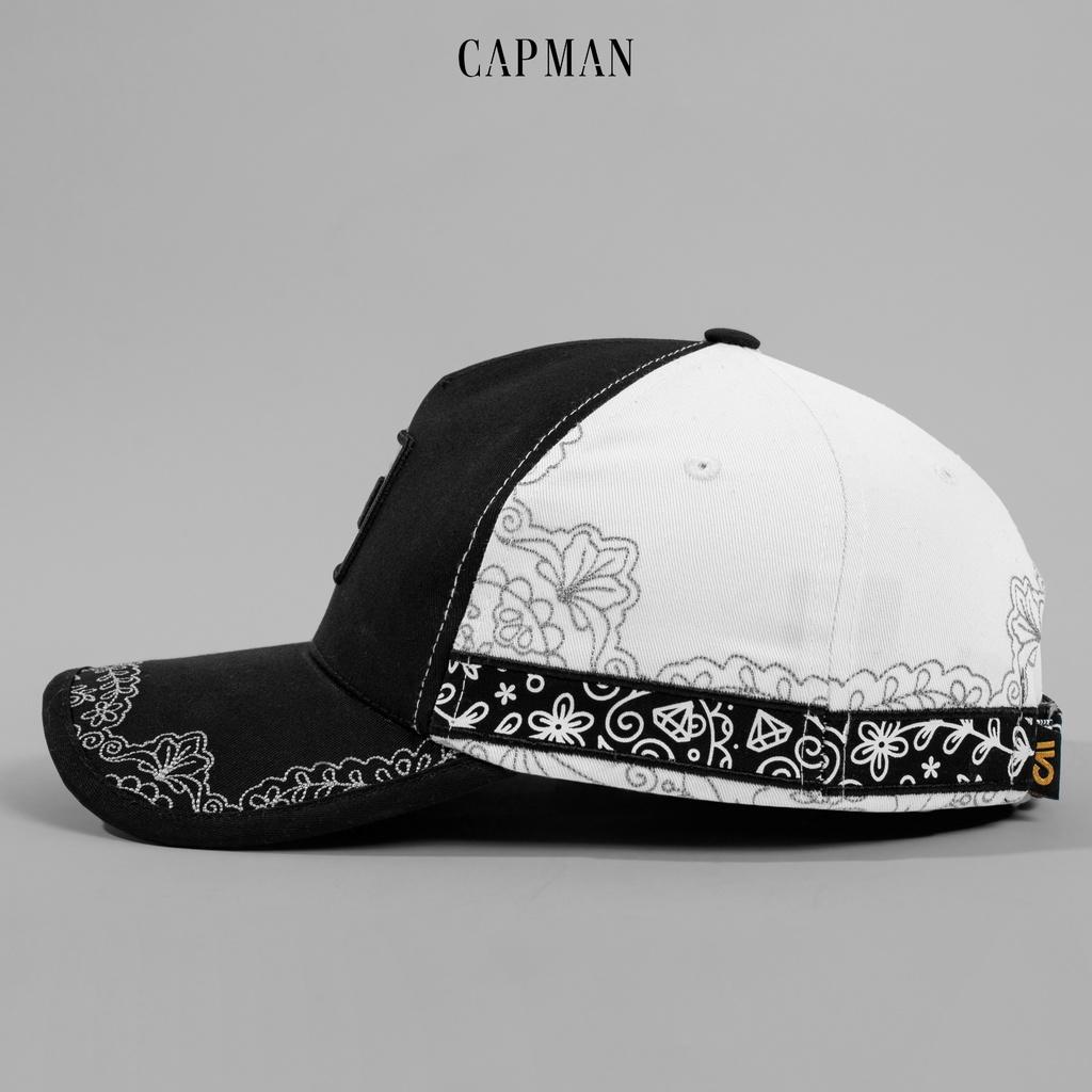 Mũ lưỡi trai chóp vuông CAPMAN CM64 dáng thể thao ôm đầu màu đen hoa văn viền lưỡi nón