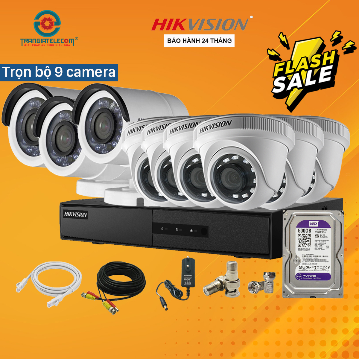 Trọn Bộ 9 Camera Đầy Đủ Phụ Kiện Hikvision 2.0MP Full HD - Hàng Chính Hãng