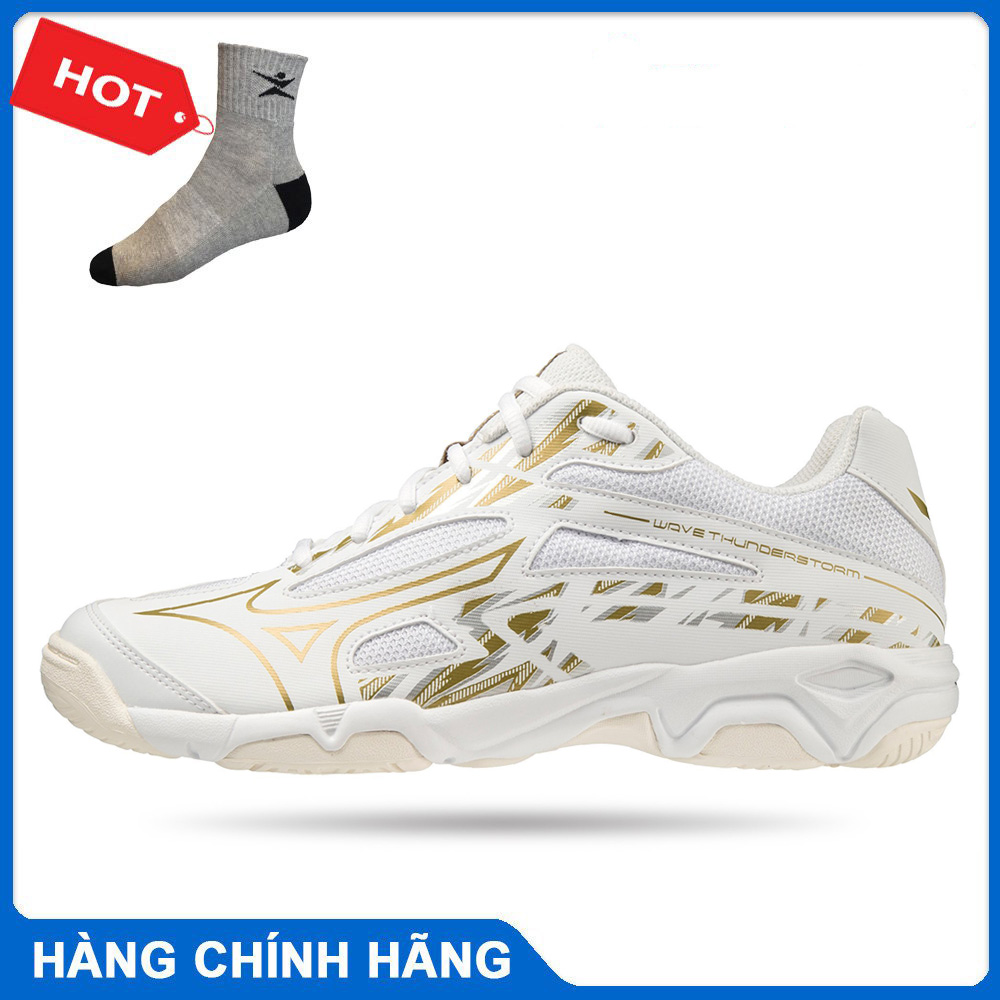 Giày cầu lông Mizuno chính hãng Wave Thunderstorm V1GA222158 mẫu mới màu trắng cho cả nam và nữ- tặng tất thể thao bendu