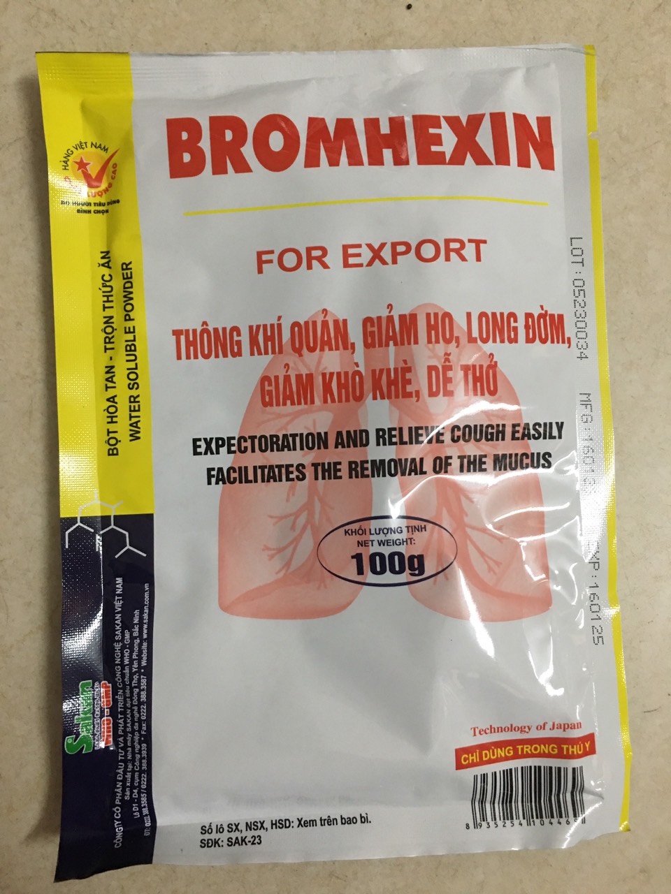 Thuốc thú y, Bromhexine/ Brom dùng cho chó, mèo, gia súc, gia cầm (100g-Sakan)