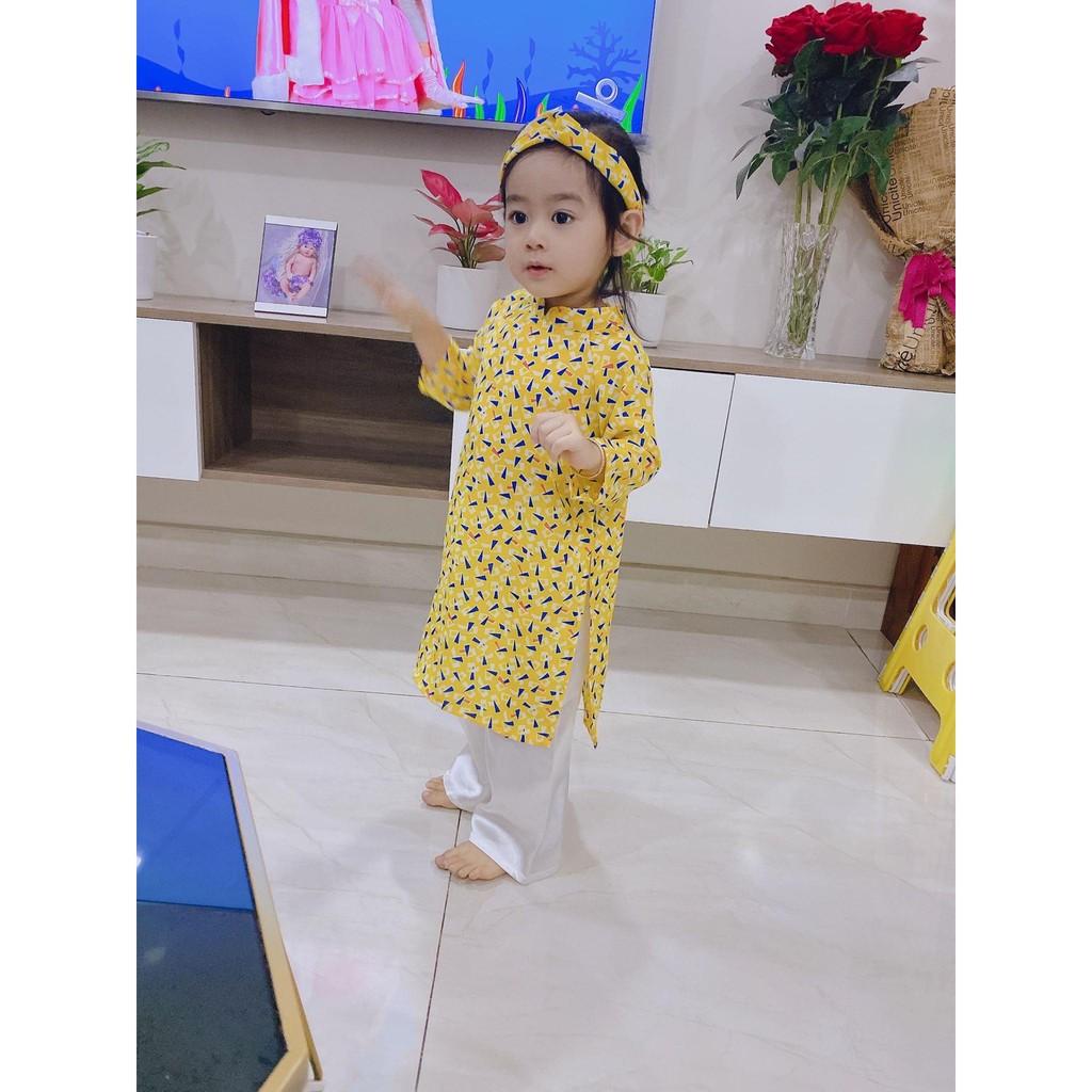 Áo dài bé gái BYZU thiết kế kiểu truyền thống chất vải lụa màu vàng họa tiết nhí xinh xắn