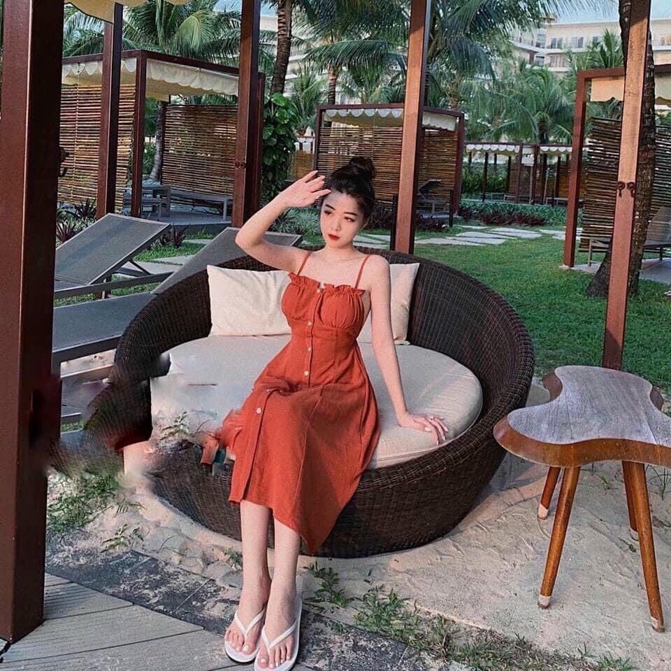 Váy Xòe Nữ 2 Dây Cài Nút Hở Lưng