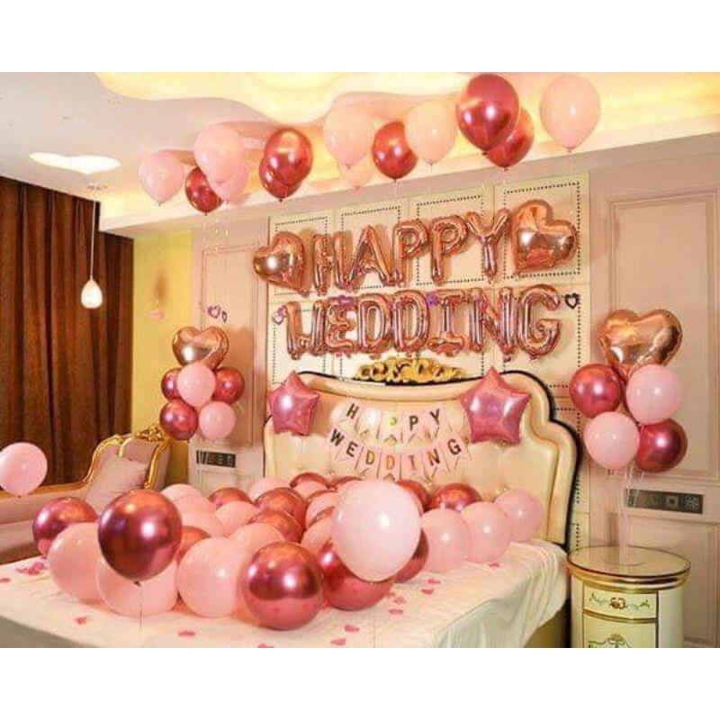 Set bóng trang trí phòng cưới kèm bóng siêu nhũ tặng kèm ruy băng