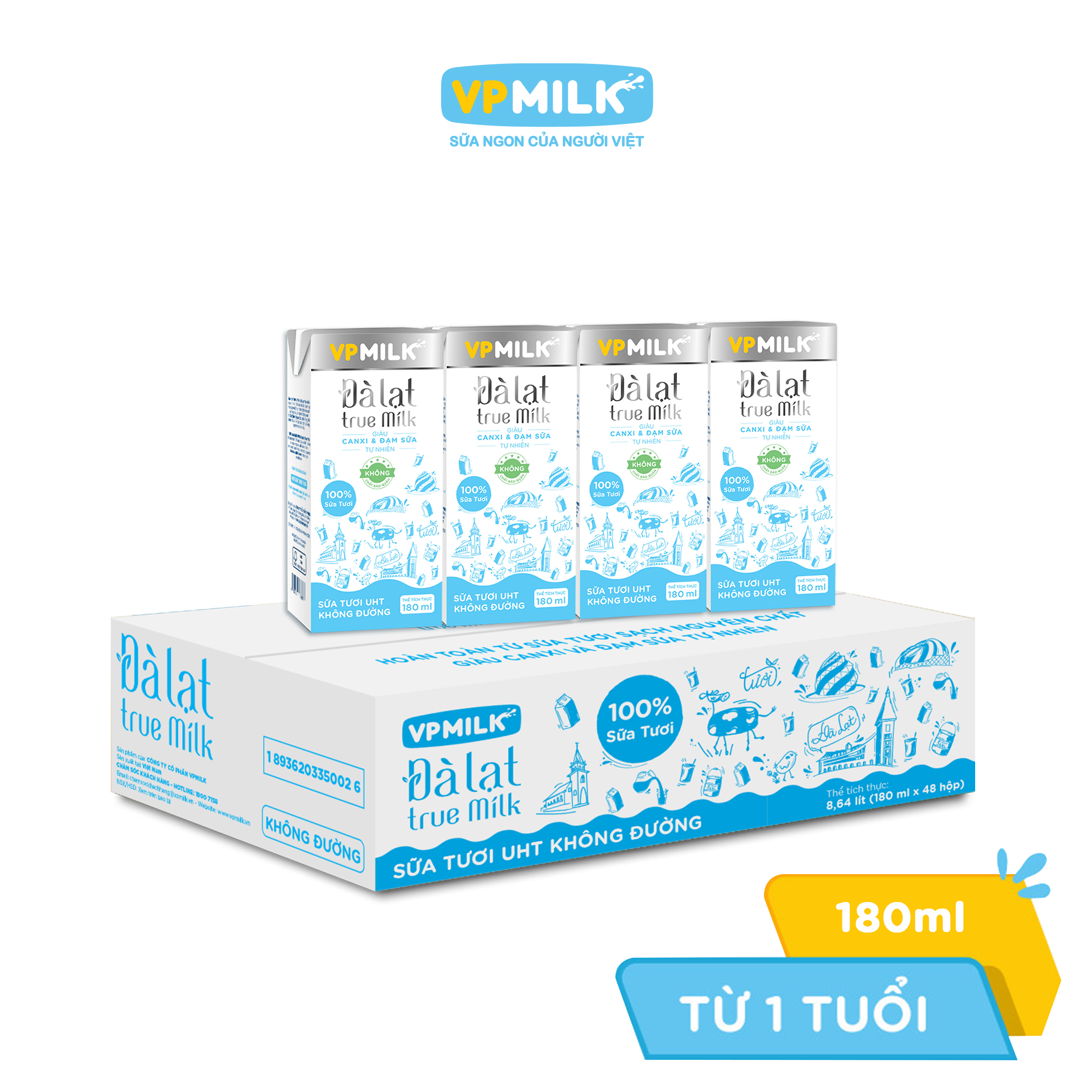 Sữa tươi UHT Đà Lạt True Milk VPMilk KHÔNG ĐƯỜNG hộp 180ml (Thùng 48 hộp)