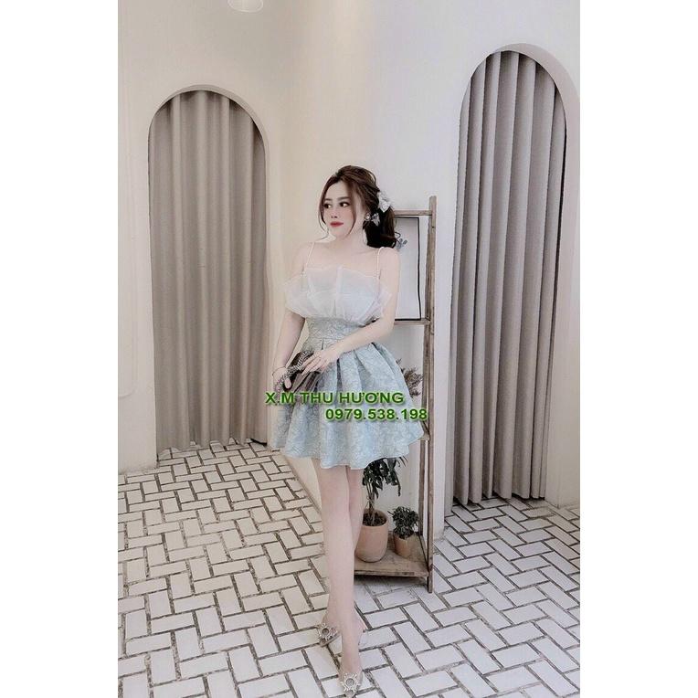 Đầm nữ xòe vải xốp gấm hoa ly 3D phối 2 dây ngọc trai, váy đẹp dự tiệc.