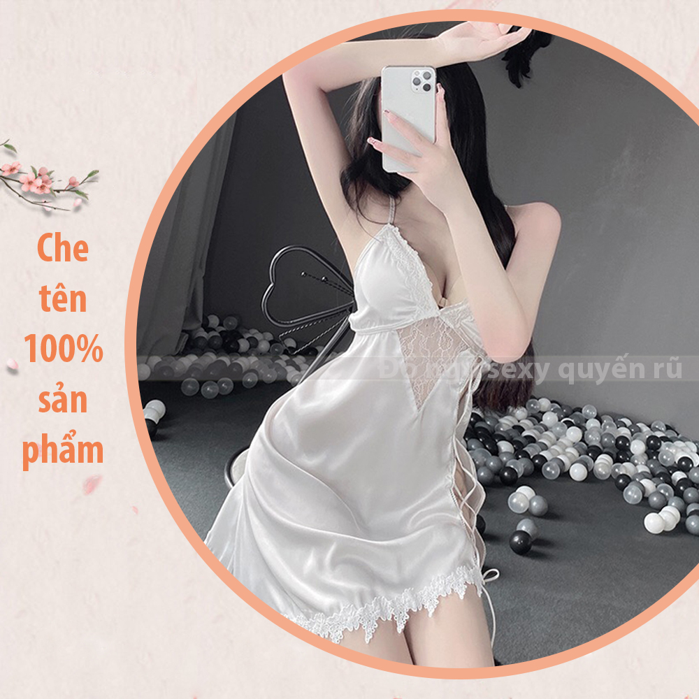 Váy ngủ lụa 2 dây chéo lưng phối ren đan hông sexy gợi cảm P42 - Đầm ngủ lụa 2 dây chéo lưng - Đồ ngủ nữ