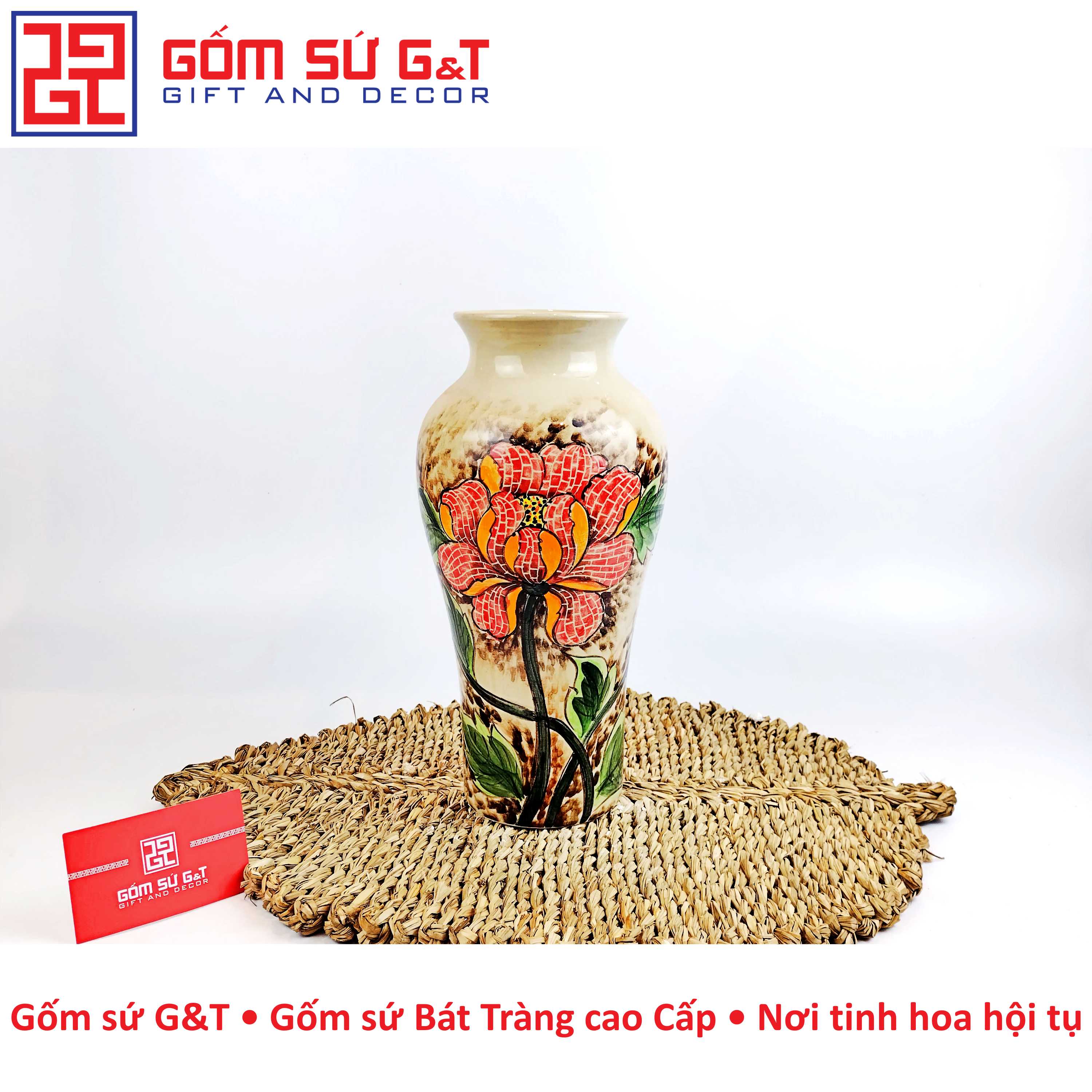 Lọ hoa dáng đùi dế sen hống Gốm Sứ G&T