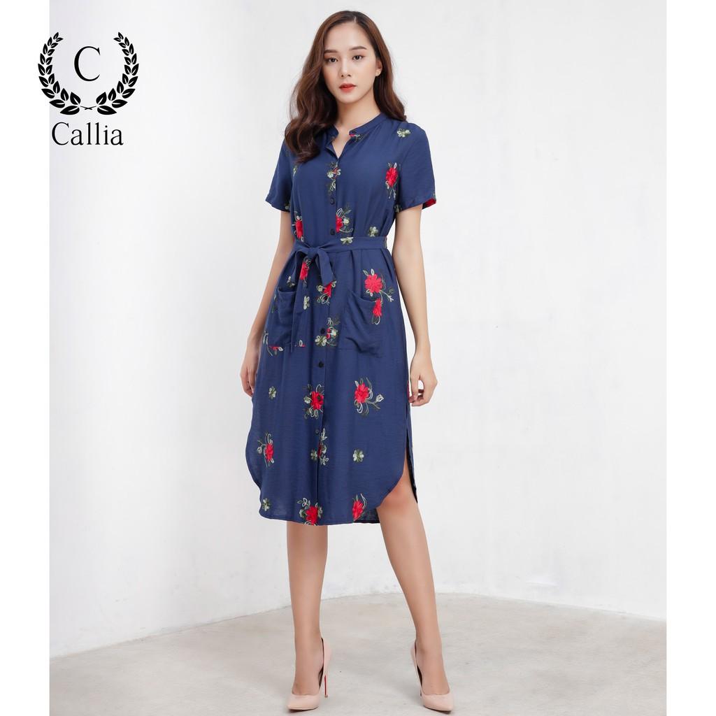 Đầm suông Midi nữ Callia Klara Blue cổ lãnh tụ tay ngắn