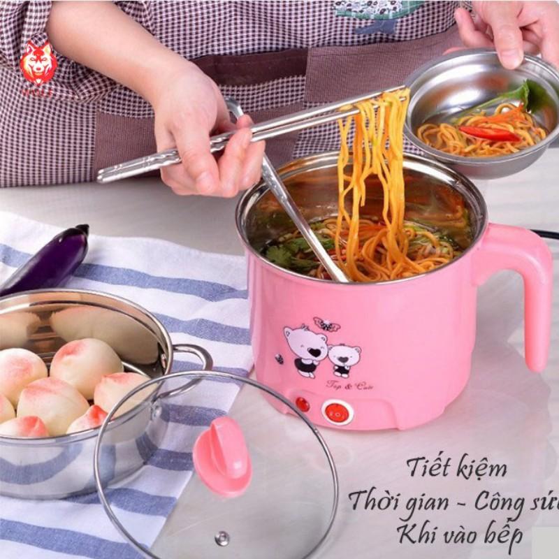 Ca nấu mì siêu tốc, nồi nấu đa năng mini siêu tốc 18cm + Tặng kèm khay hấp