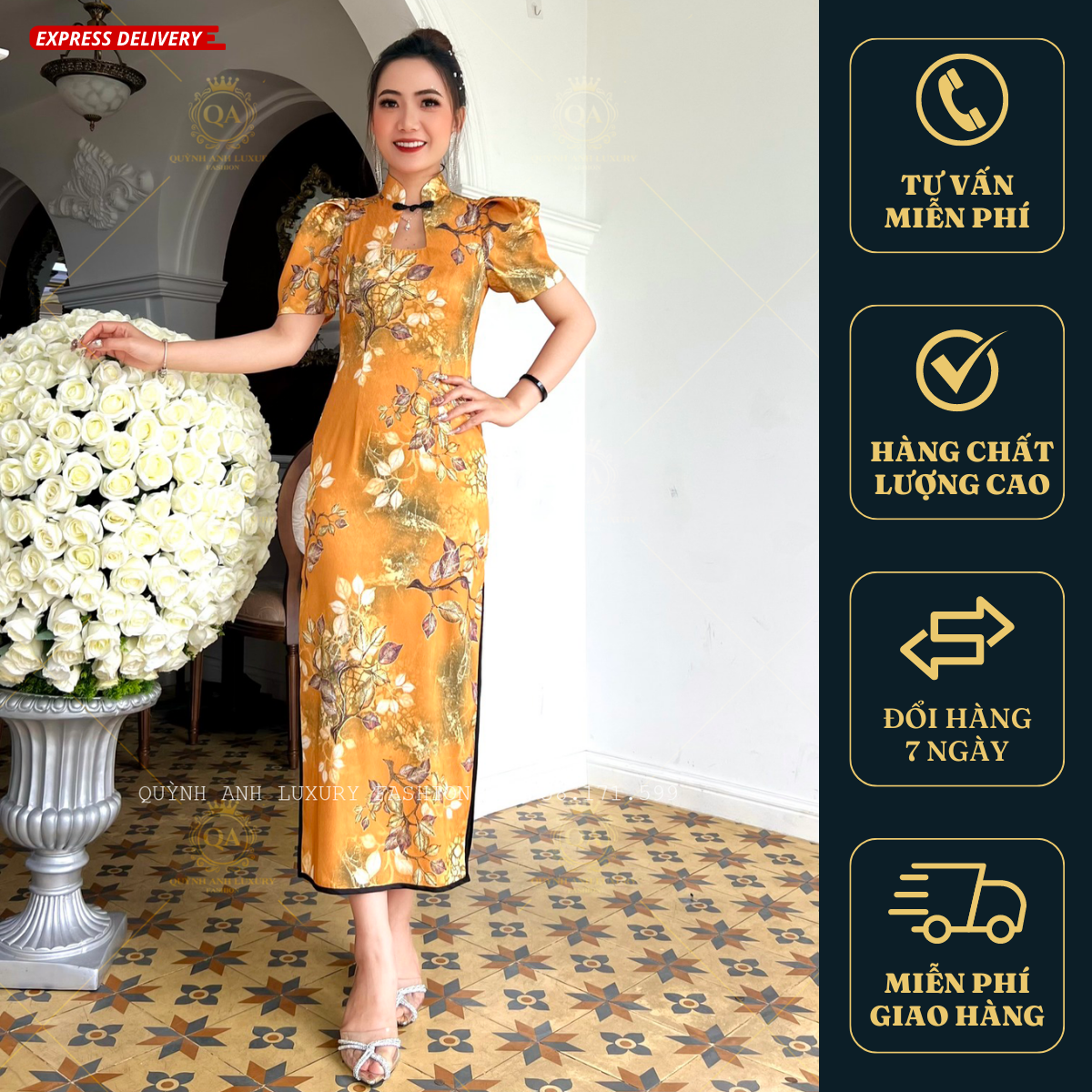 Sườn Xám Cổ Tàu Trung Hoa Lụa Ánh Kim Tone Vàng Sang Trọng Mia Dress