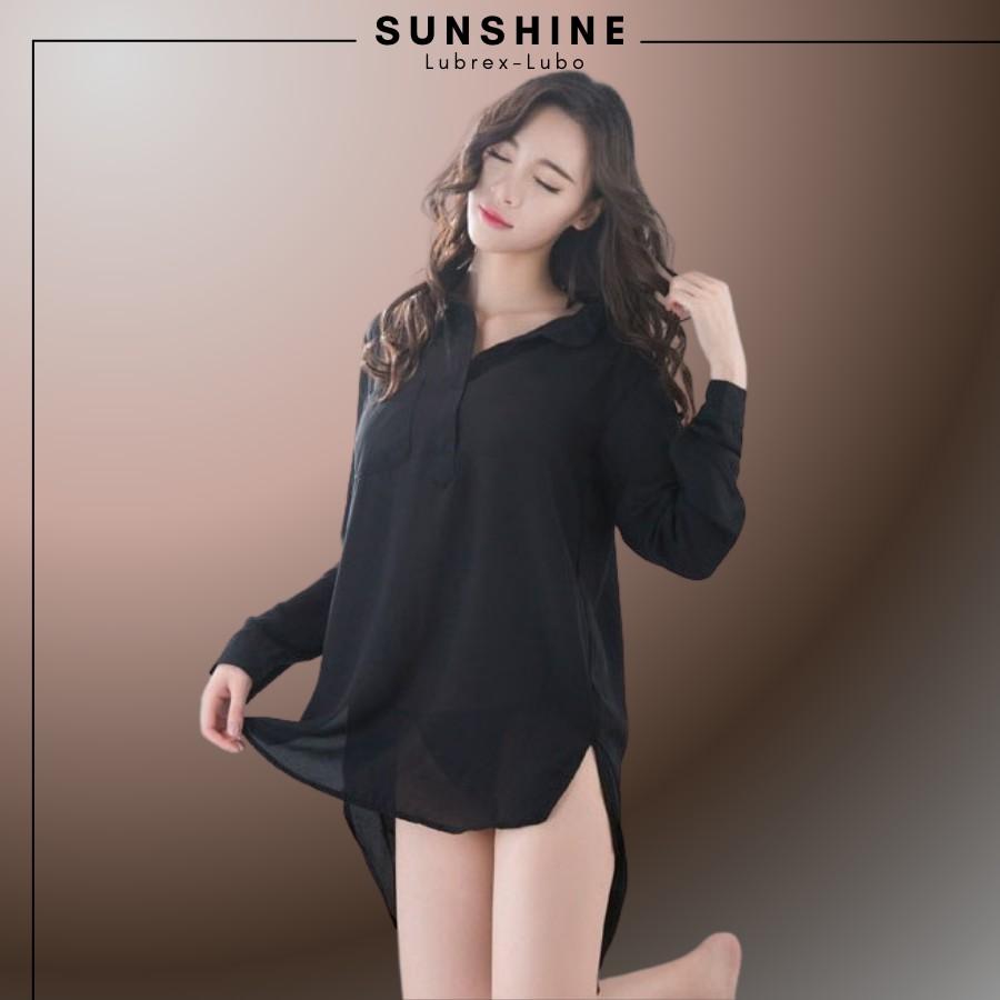 Áo Ngủ Sexy Sơ Mi Ngủ Voan Xuyên Thấu Dáng Dài Gợi Cảm MÀU ĐEN -SUNSHINE LUBREXLUBO- SMNDAY1016