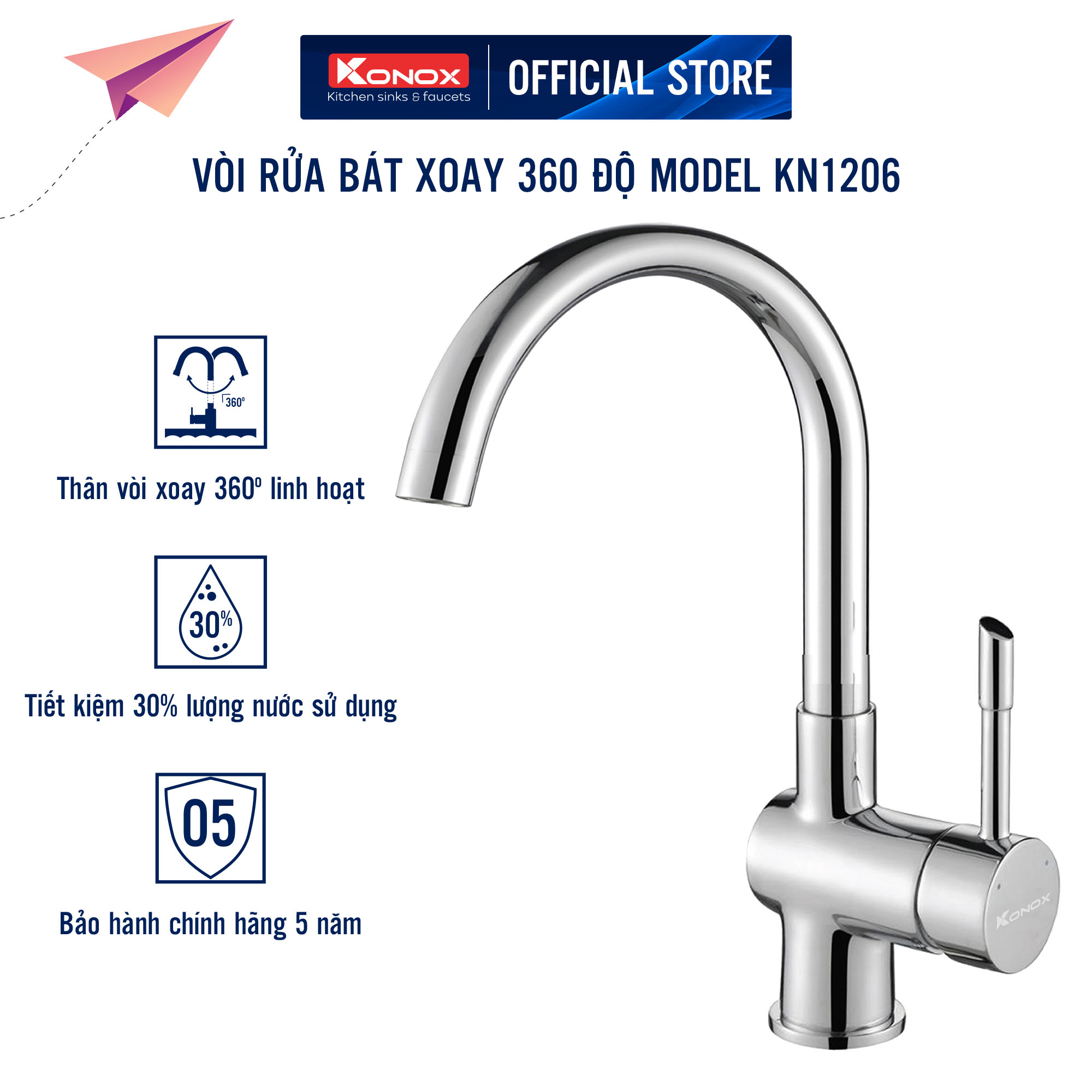 Vòi rửa bát Konox, Model KN1206 , Inox 304AISI tiêu chuẩn châu Âu, mạ PVD 5 lớp sáng bóng, Hàng chính hãng