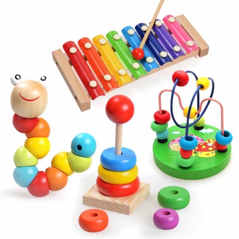 Combo 4 món đồ chơi gỗ tiết kiệm gồm luồn hạt + tháp cầu vồng + sâu gỗ + đàn