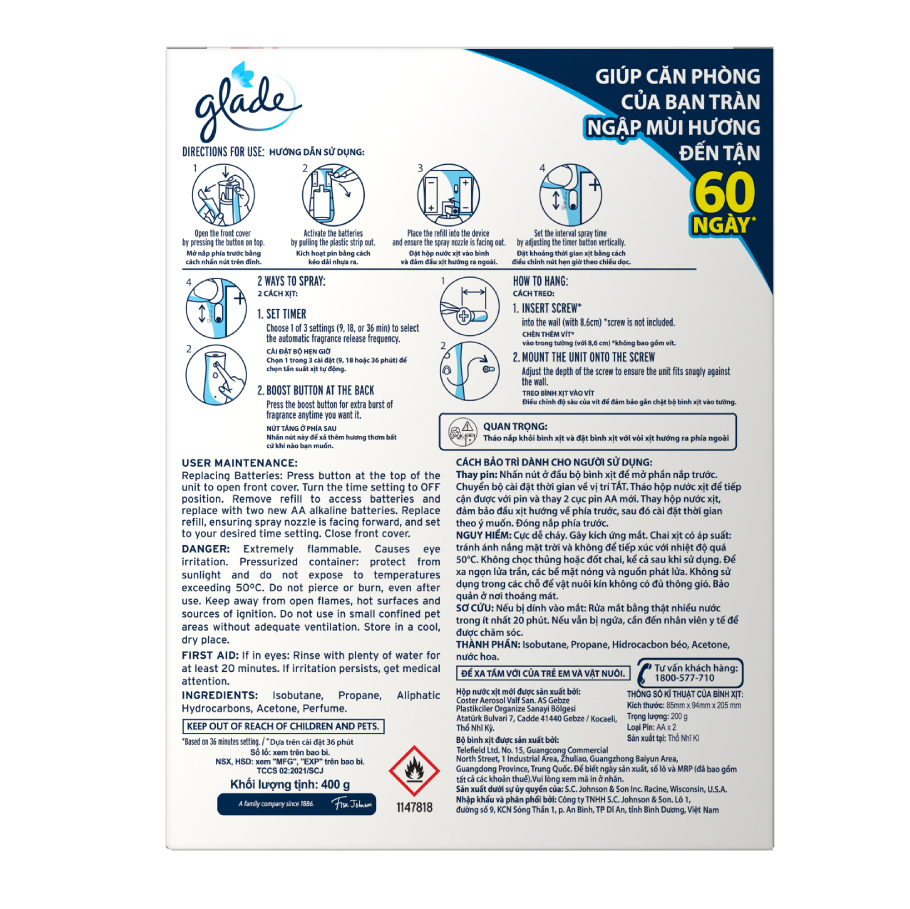 Bộ Máy &amp; Lõi Xịt thơm phòng tự động GLADE Hương Hoa Anh Đào Lily 252ml