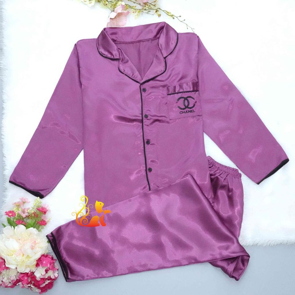 Đồ bộ Pijama Phi Lụa Viền " Thêu Chữ " tay dài cao cấp - Dưới 60kg