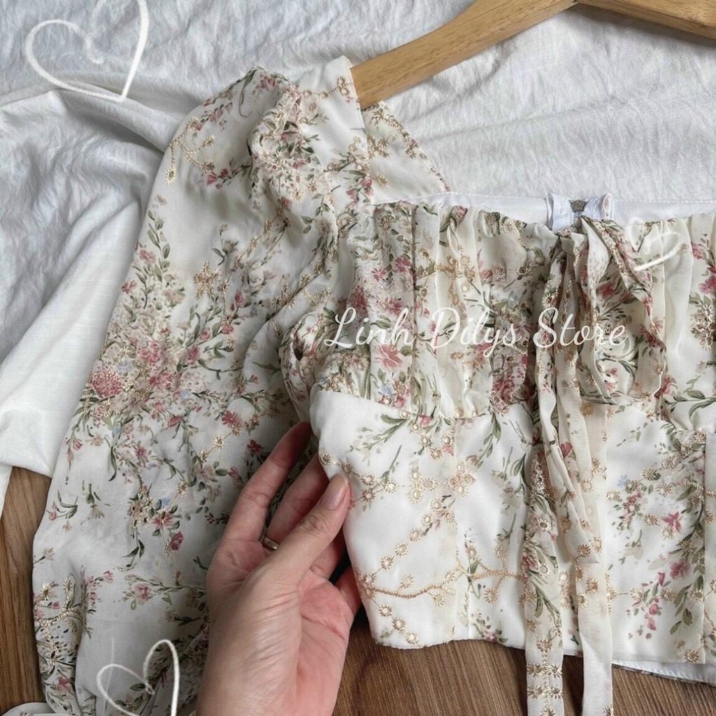 Áo Croptop Hoa Cổ Ren Tay Dài Tay Áo Croptop Hoa Nơ Ngực Linh Dilys Store