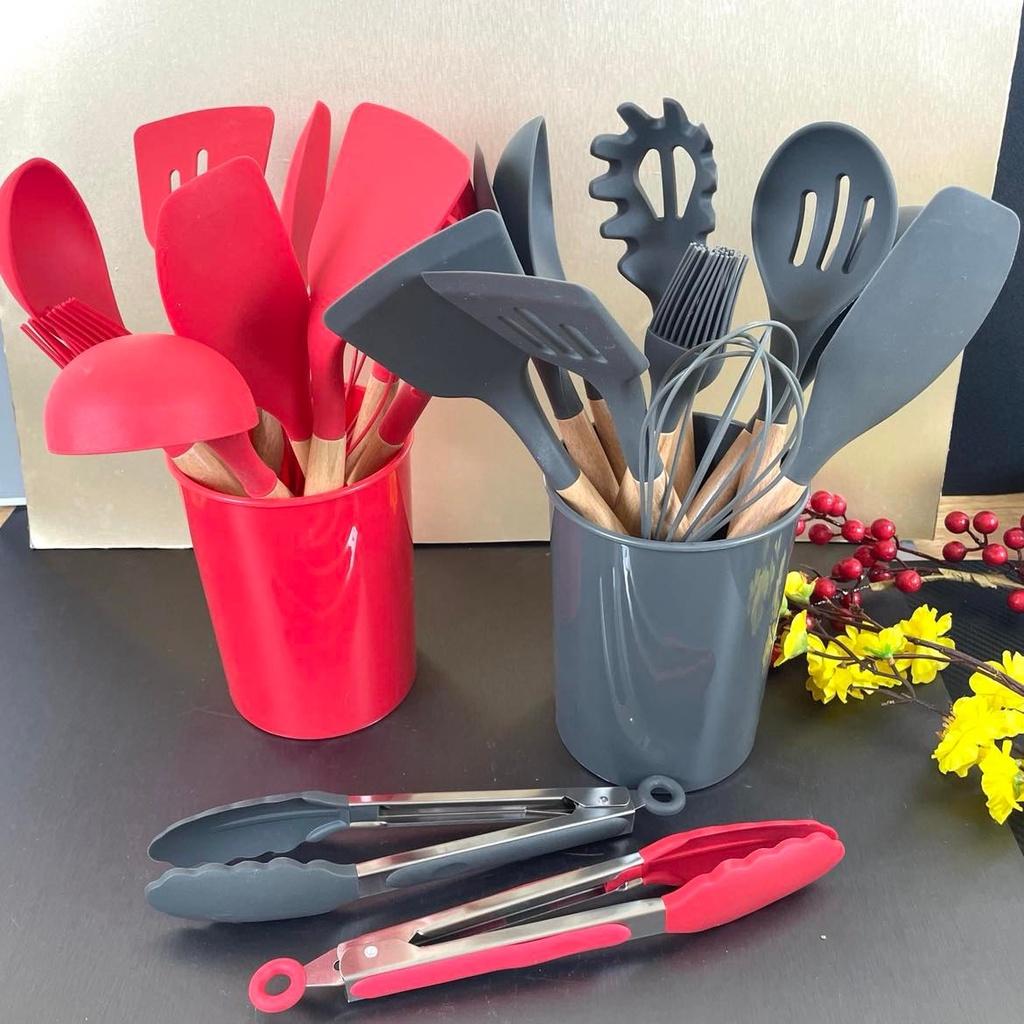 COMBO 12 món Giống hình, Bộ dụng cụ làm bánh CHỊU NHIỆT SILICCON CÁN GỖ CAO CẤP. Phơi, gấp, xẻng, vá, sạn