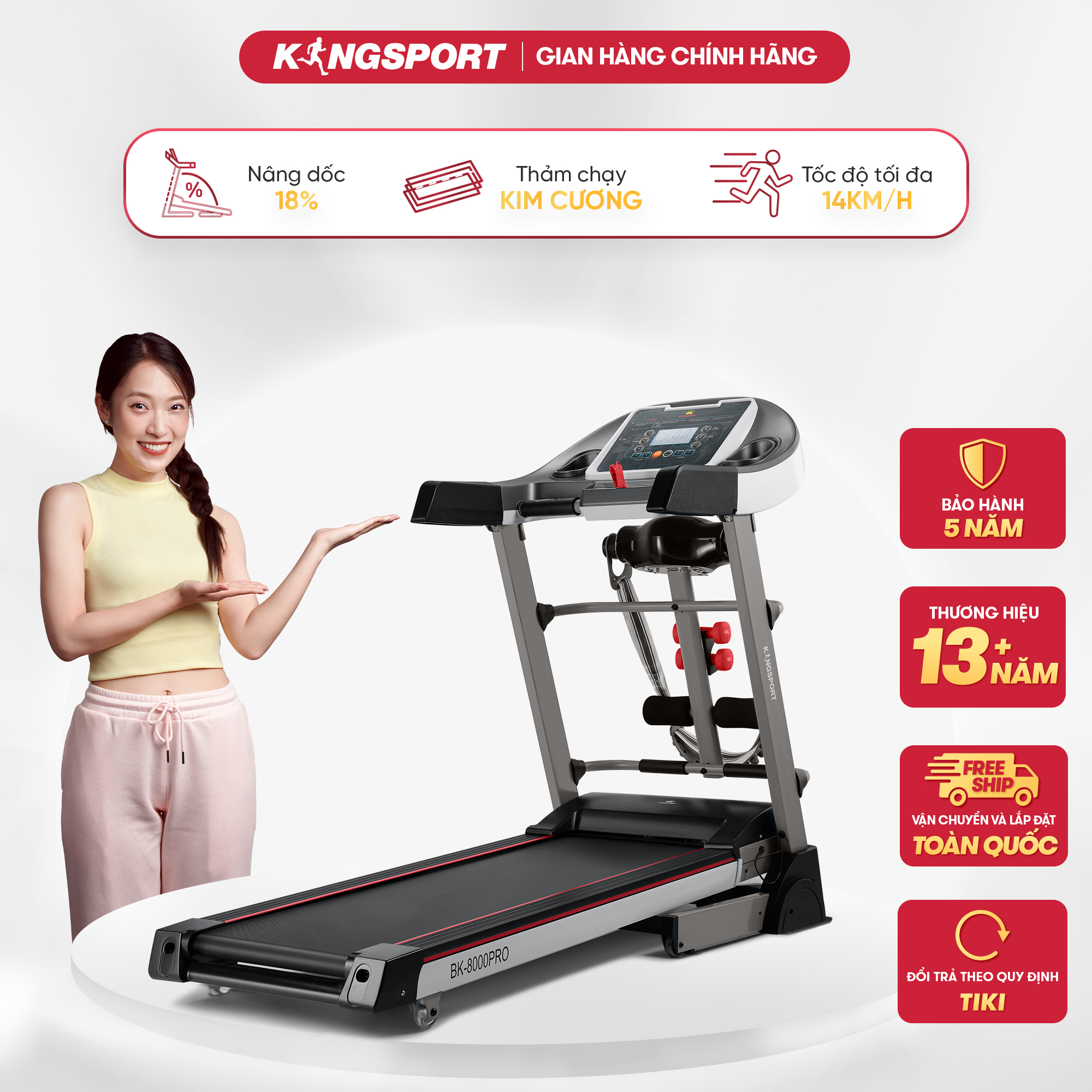 Máy chạy bộ KINGSPORT BK-8000 Pro đa năng, nâng dốc tự động 18%, tốc độ tối đa 14khm/h, kèm đai massage và thanh gập bụng