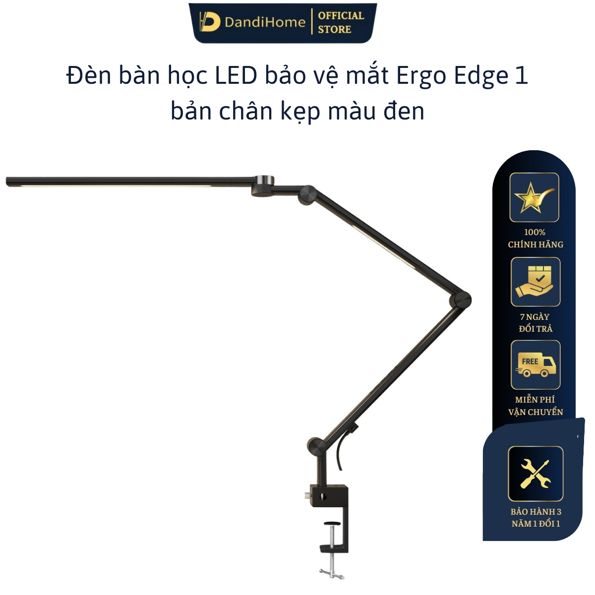 Đèn bàn học bảo vệ mắt DandiHome Ergo Edge chống cận để làm việc, học tập có thể kéo dài và gấp gọn – 3 phiên bản – Ergo Edge 1 – kẹp đen