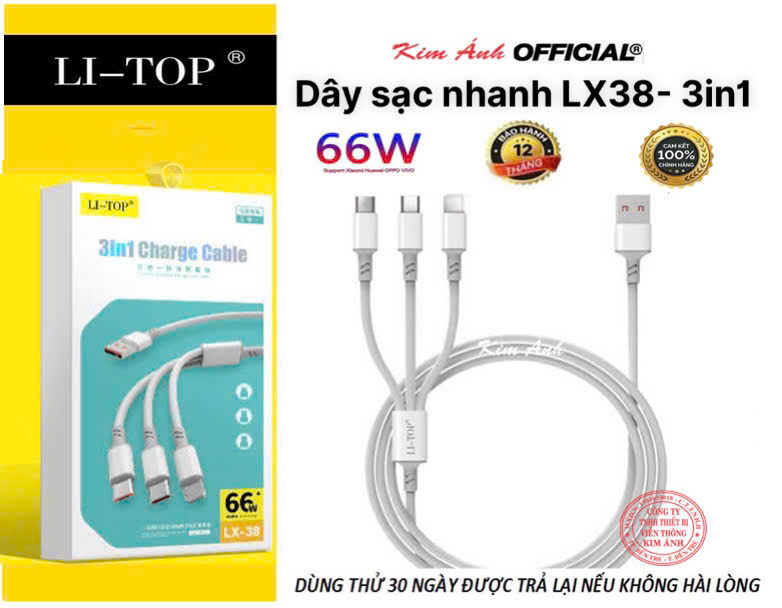 Dây sạc nhanh LI-TOP LX38 3IN1, đa năng 3 chân cắm IOS, MICRO, TYPE C, công suất 66W, Kim Ánh cho dùng thử 30 ngày, bảo hành hàng chính hãng 12 tháng