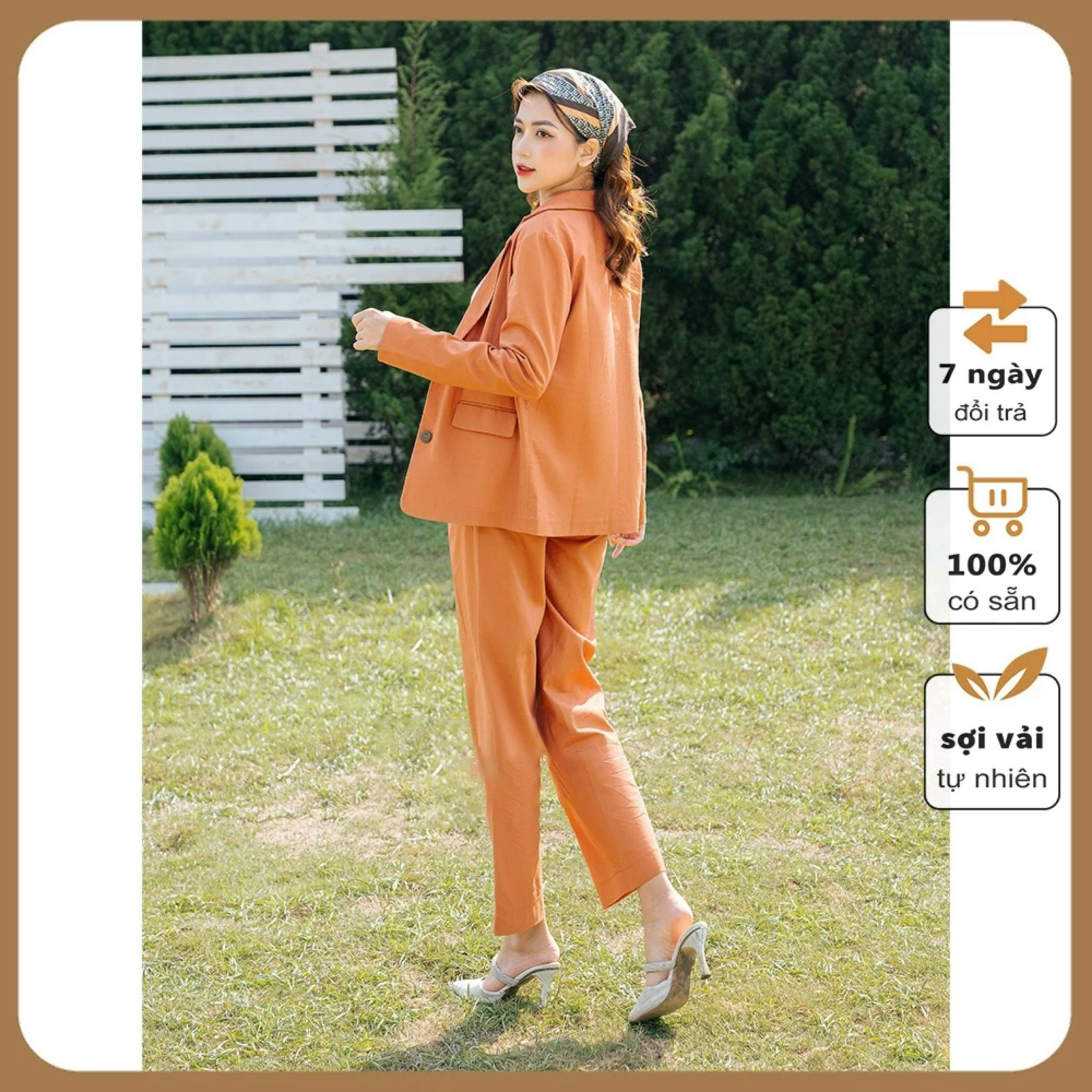 Hình ảnh Bộ vest blazer nữ dáng suông nhẹ vintage chất vải linen mịn thoáng màu cam trẻ trung Đũi Việt