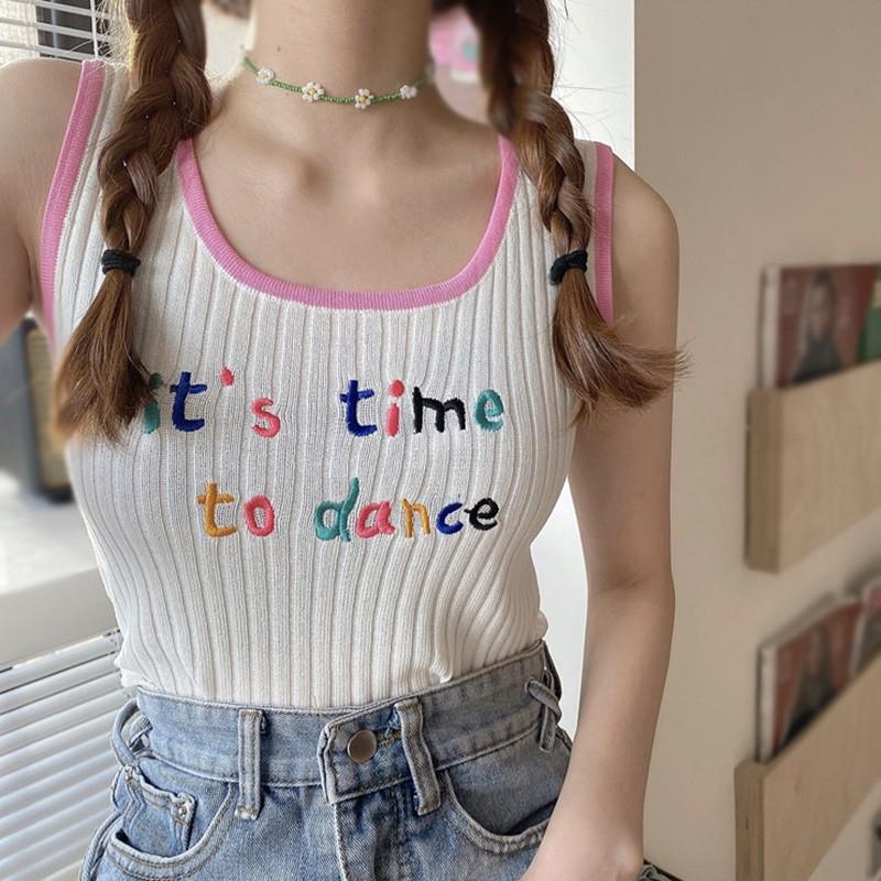 Áo Hai Dây Dệt Kim Thêu Chữ Phong Cách Hàn Quốc Cho Nữ